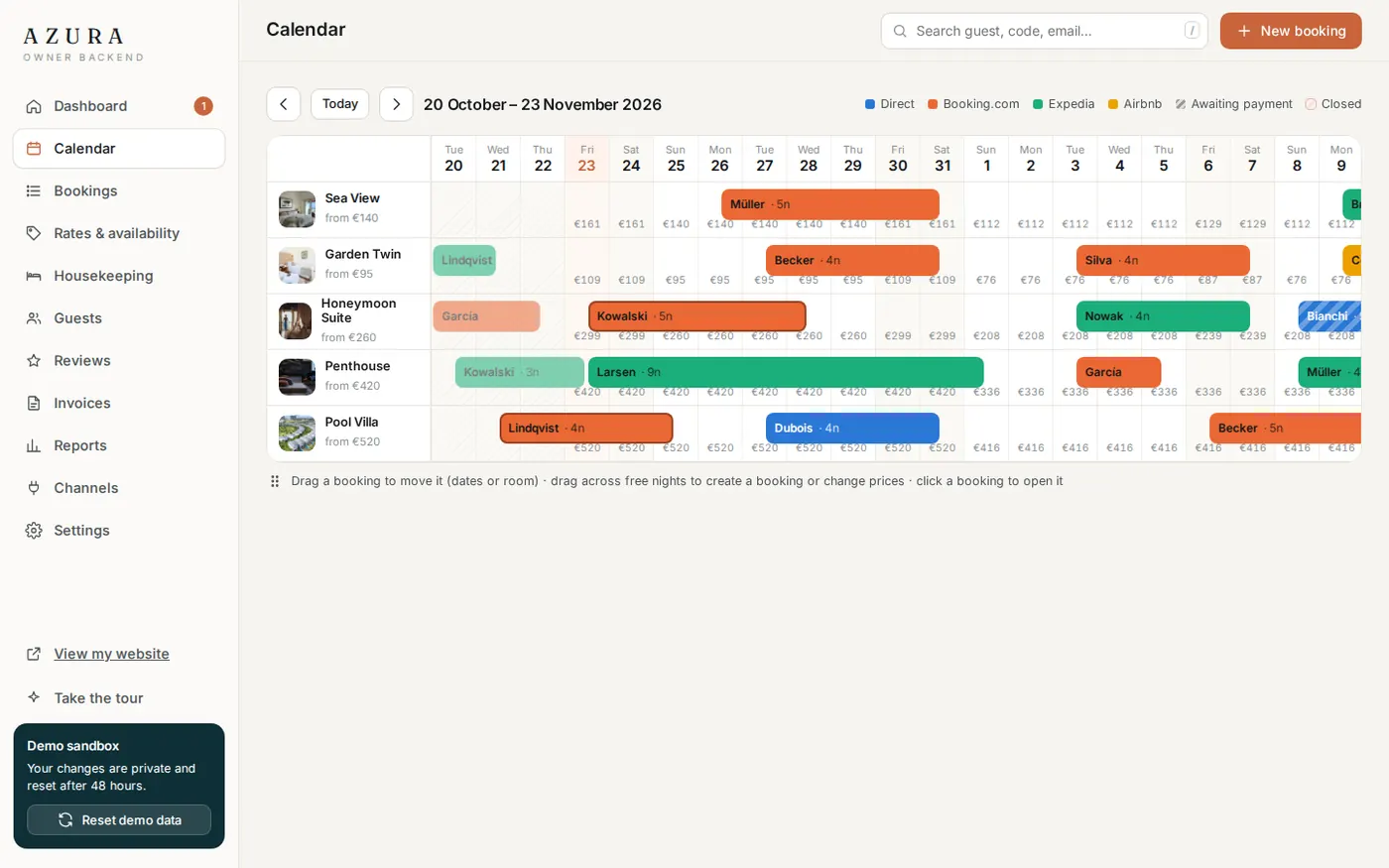 Owner backend: drag-and-drop booking calendar for five rooms
