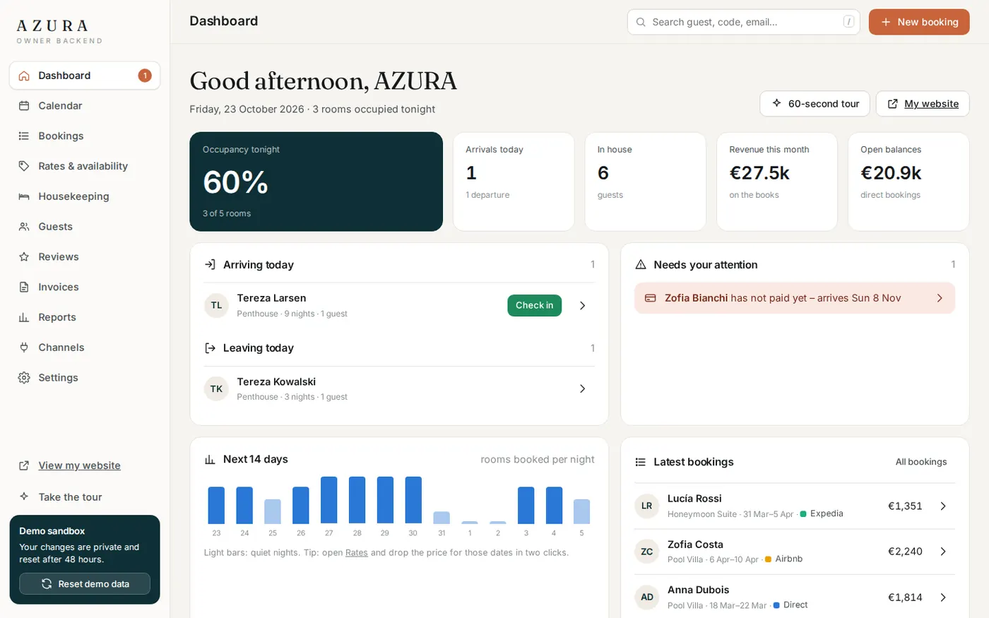 Owner backend of a direct booking system built by Florian Prensena