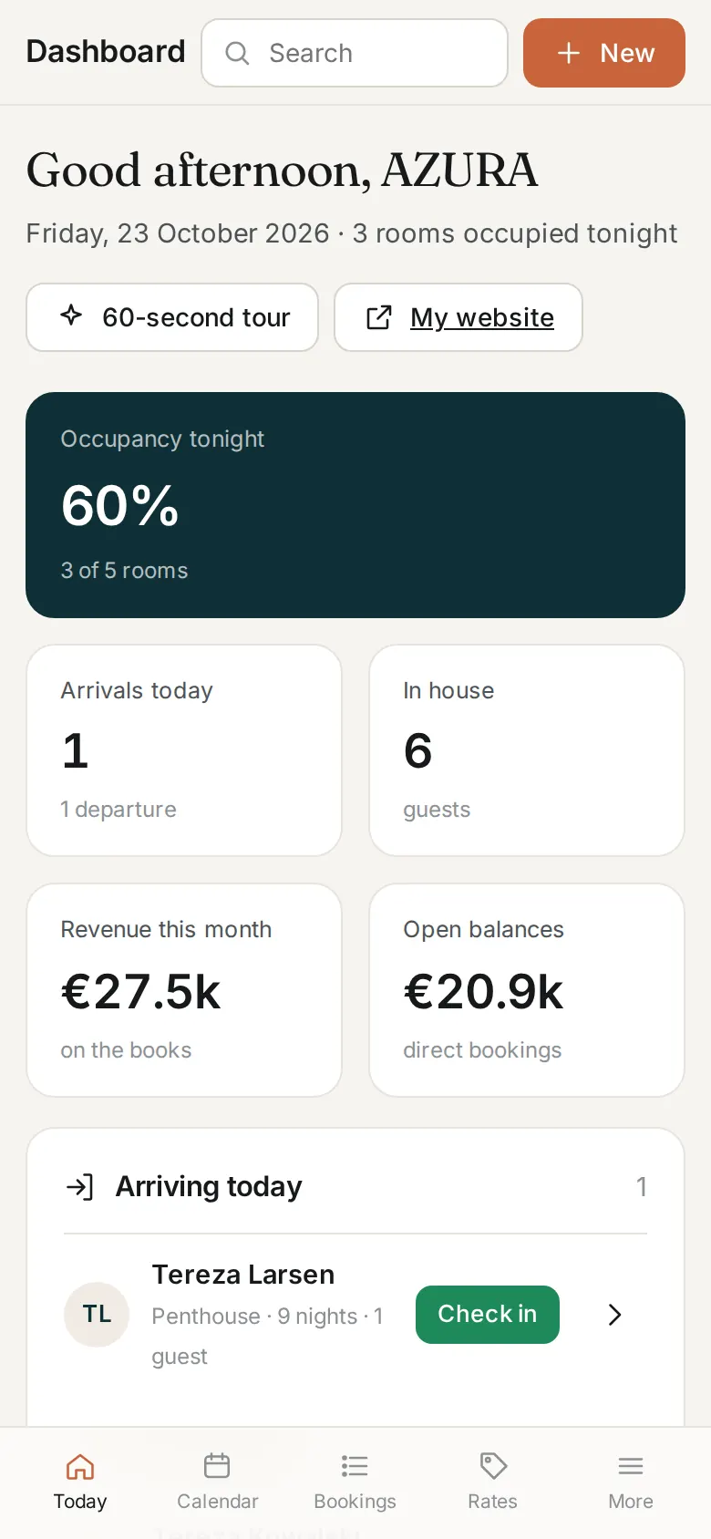 Owner backend on a phone: today's arrivals, occupancy and revenue