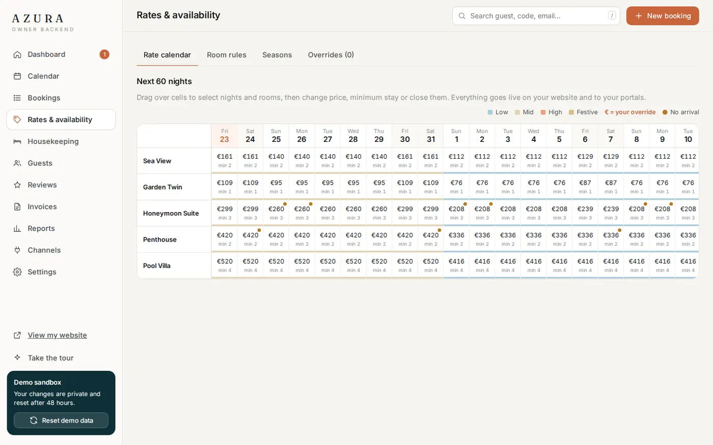 Rates and availability grid in the owner backend